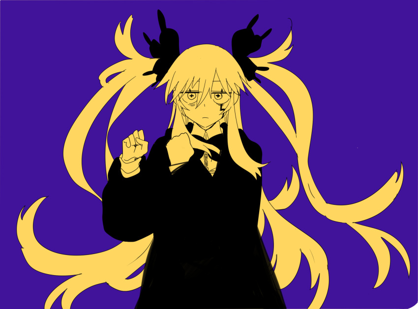 1girl, absurdres, bags_under_eyes, bling-bang-bang-born_(creepy_nuts), bow, bowtie, butterfly_hair_ornament, clenched_hands
