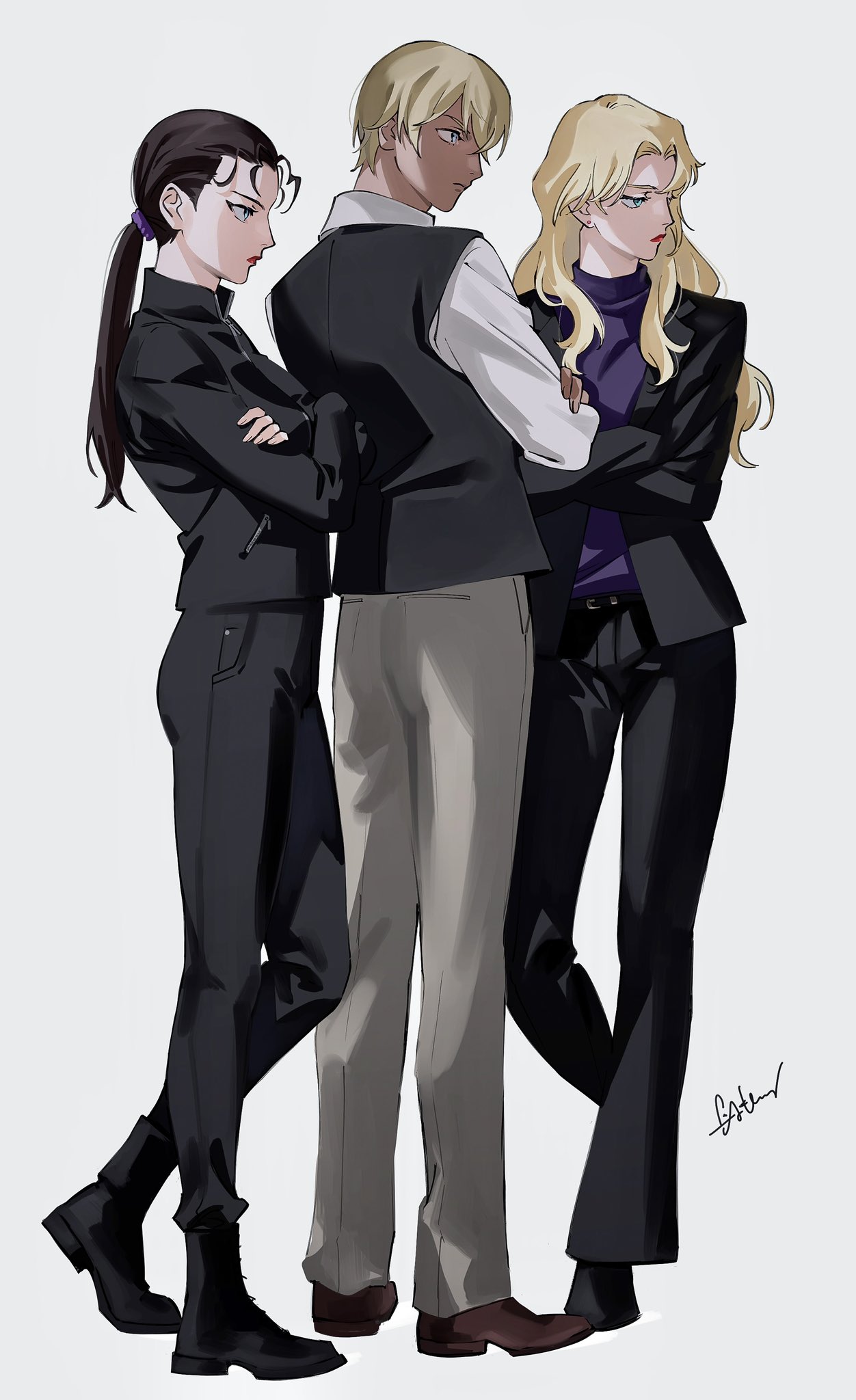 1boy, 2girls, amuro_tooru, black_footwear, black_hair, black_jacket, black_pants, blonde_hair