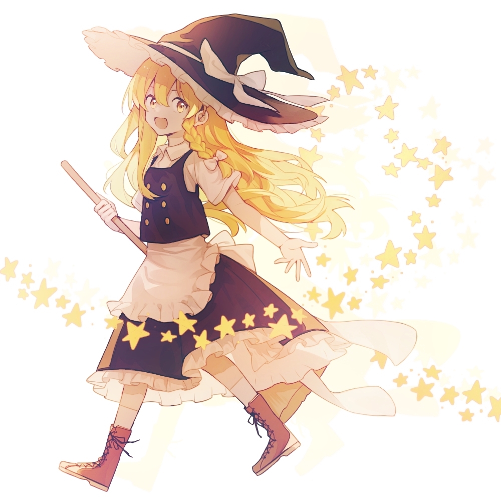 1girl, apron, black_skirt, black_vest, blonde_hair, boots, bow, braid