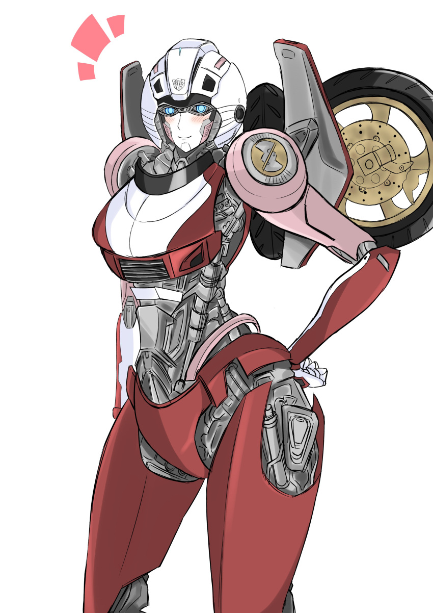 1girl, absurdres, arcee, autobot, blue_eyes, blush, hand_on_own_hip, helmet