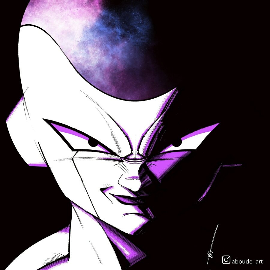 1boy, aboude_art, alien, arabic_commentary, artist_name, black_eyes, closed_mouth, commentary_request, dragon_ball, dragon_ball_z, english_commentary, evil_smile, frieza, instagram_logo, instagram_username, limited_palette, looking_at_viewer, male_focus, mixed-language_commentary, purple_lips, signature, smile, solo, spot_color