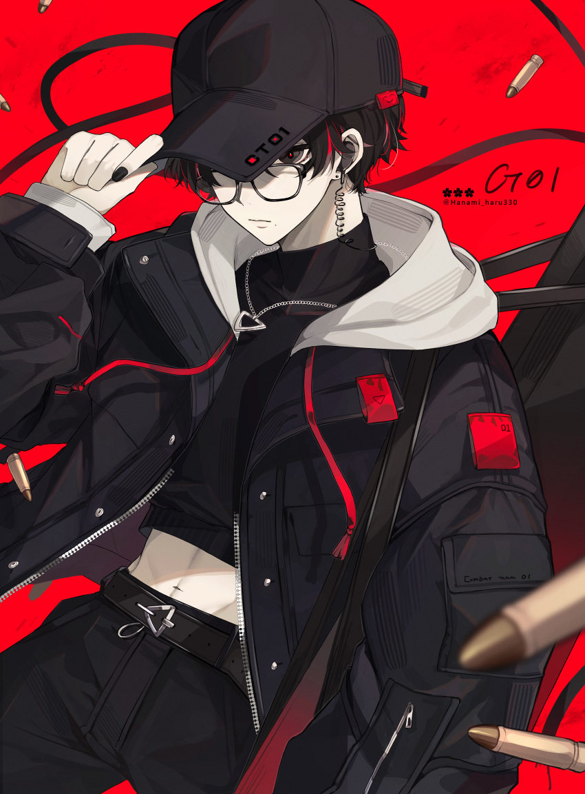 1boy, absurdres, artist_name, baseball_cap, belt, black_baseball_cap, black_eyes, black_hair, black_nails, black_pants, bullet, commentary_request, ear_piercing, earpiece, earrings, glasses, hanami_haru, hat, highres, hood, jacket, jewelry, long_sleeves, looking_at_viewer, nail_polish, navel, necklace, original, pants, piercing, red_background, short_hair, simple_background, single_earring, turtleneck, wire