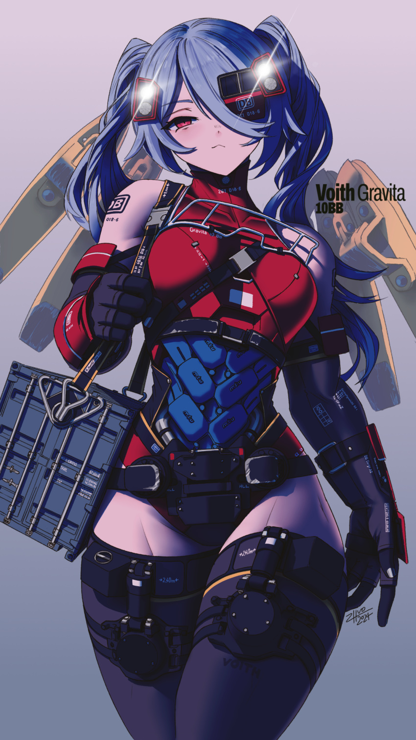 1girl, :3, abs, absurdres, arm_tattoo, asymmetrical_legwear, black_gloves, breasts, buckle, commentary, dated, deutsche_bahn, elbow_gloves, english_commentary, gloves, hair_ornament, hair_over_one_eye, highres, long_bangs, long_hair, mechanical_wings, muscular, muscular_female, navel, original, personification, red_eyes, shipping_container, signature, snap-fit_buckle, stomach, strap, tattoo, thigh-highs, train, twintails, white_hair, wings, zhvo