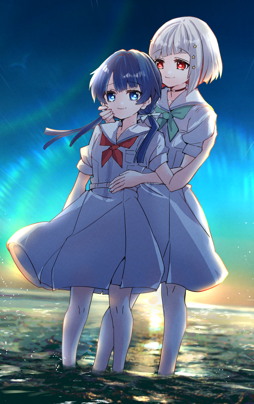 2girls, aqua_neckerchief, black_choker, blue_eyes, blue_hair, blue_ribbon, blue_sky, bob_cut