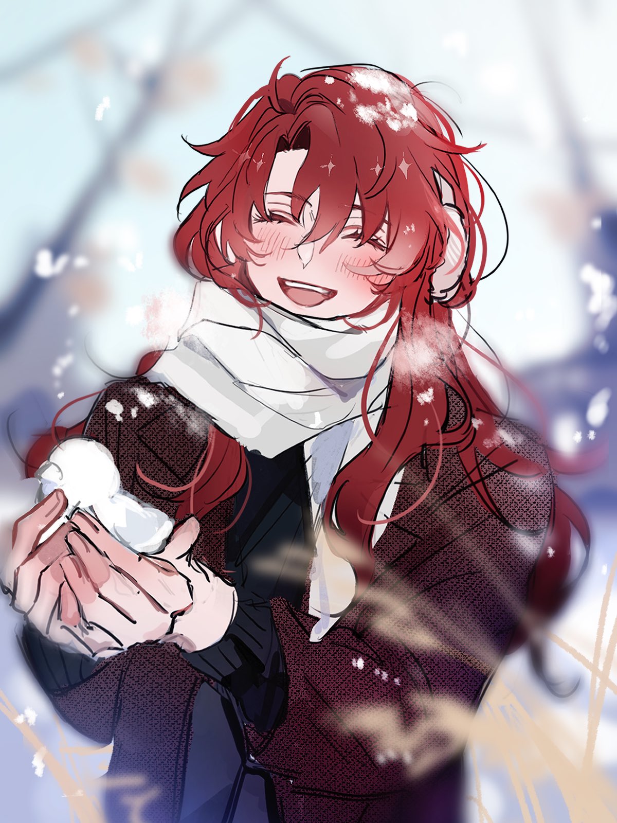1boy, :d, ^_^, ahoge, argenti_(honkai:_star_rail), blurry, blurry_background, blurry_foreground