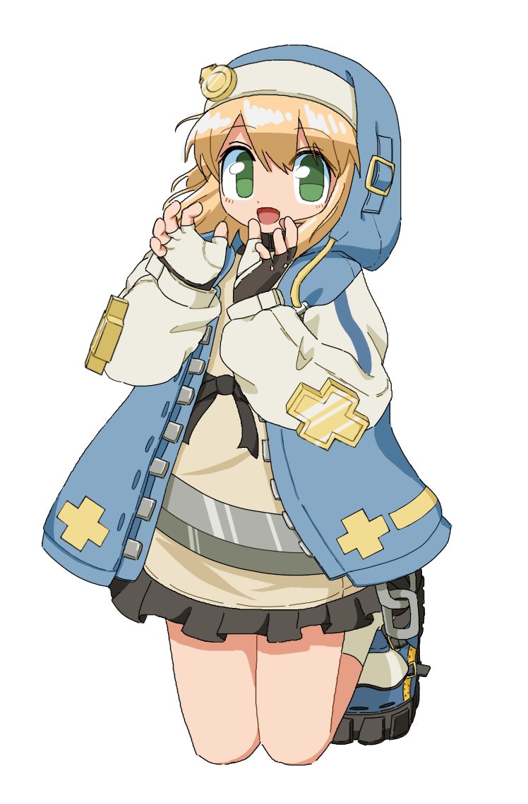 1girl, androgyne_symbol, black_gloves, black_skirt, blonde_hair, bridget_(guilty_gear), cocia_(kosianko), commentary_request, cuffs, female_focus, fingerless_gloves, gloves, guilty_gear, habit, handcuffs, hood, hood_up, hooded_jacket, hoodie, jacket, long_sleeves, looking_at_viewer, open_clothes, open_hoodie, open_mouth, skirt, smile