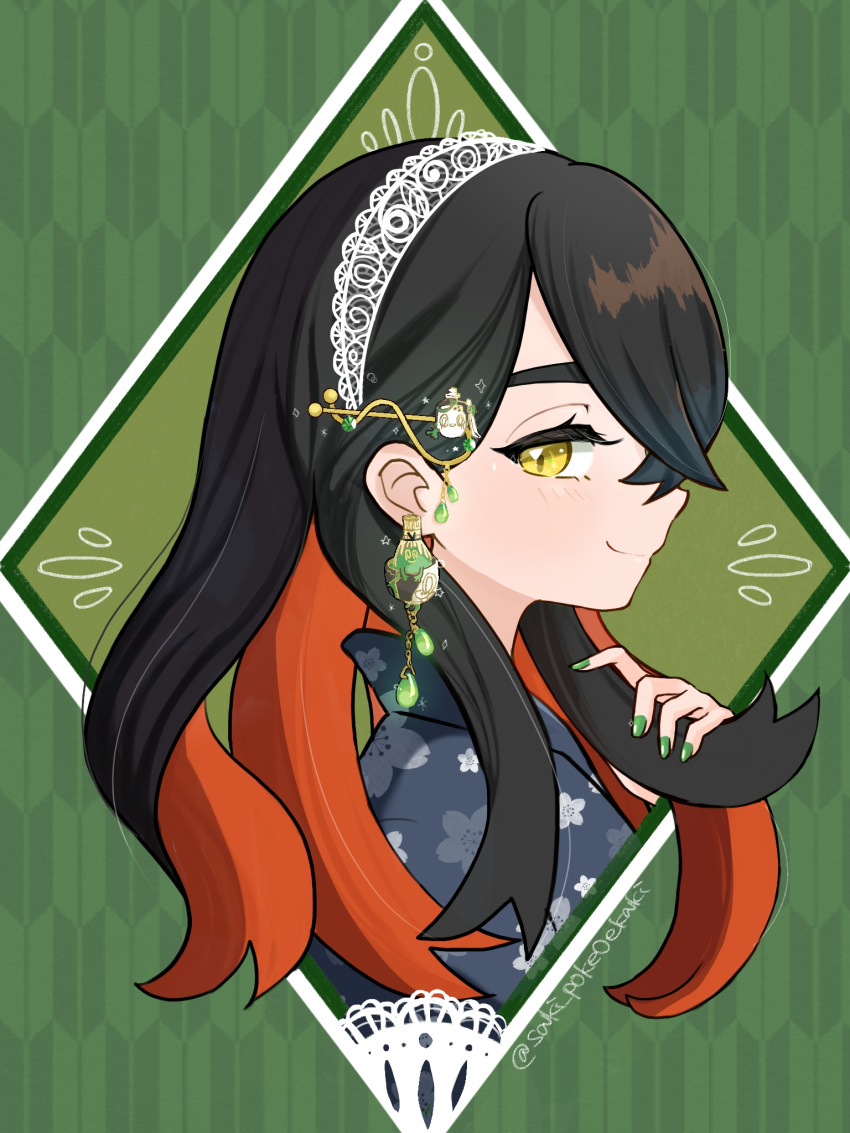 1girl, alternate_costume, black_hair, carmine_(pokemon), character_ear_piercing, character_hair_ornament, closed_mouth, colored_inner_hair