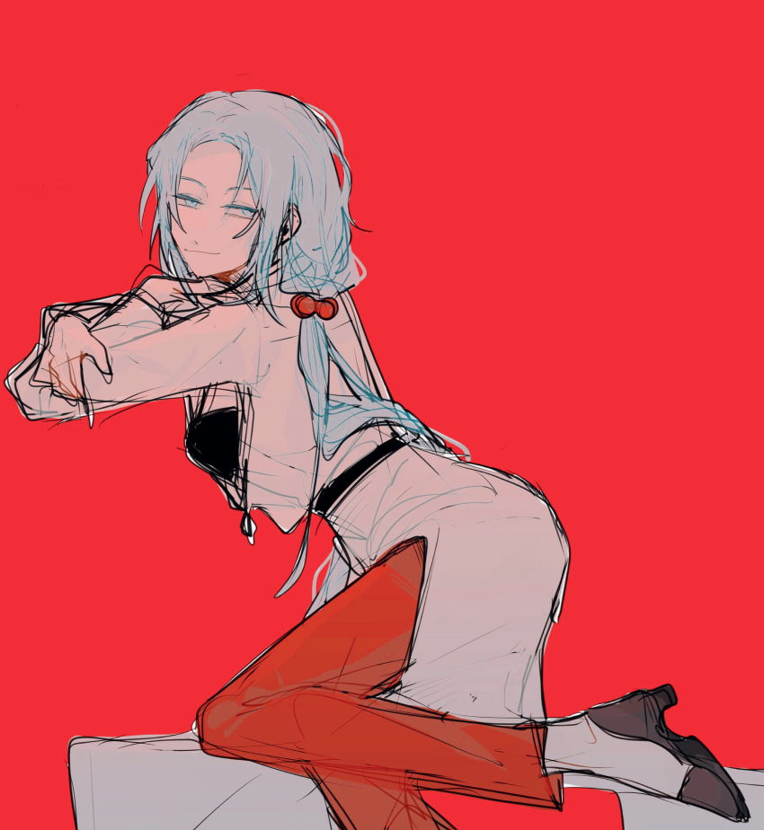 1girl, absurdres, belt, black_belt, black_footwear, black_shirt, blue_eyes, blue_hair