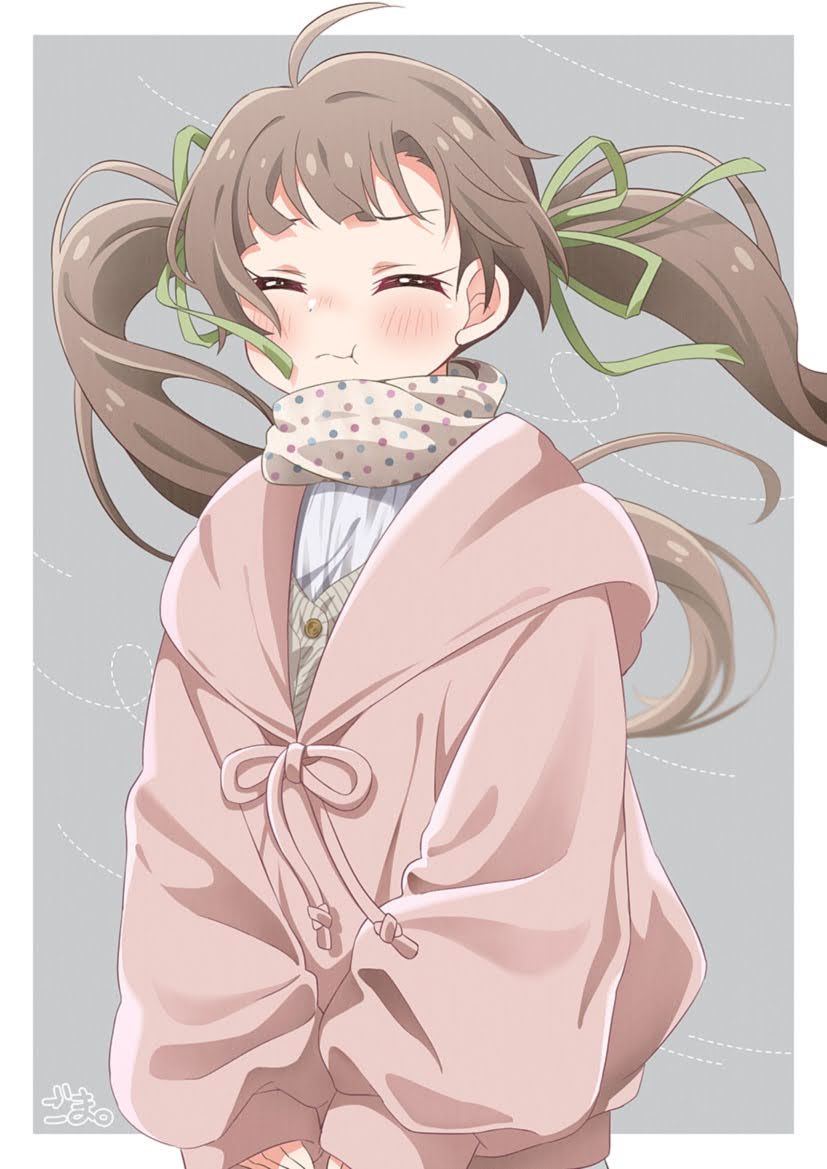 1girl, :t, ahoge, air_current, blush, border, brown_cardigan, brown_hair