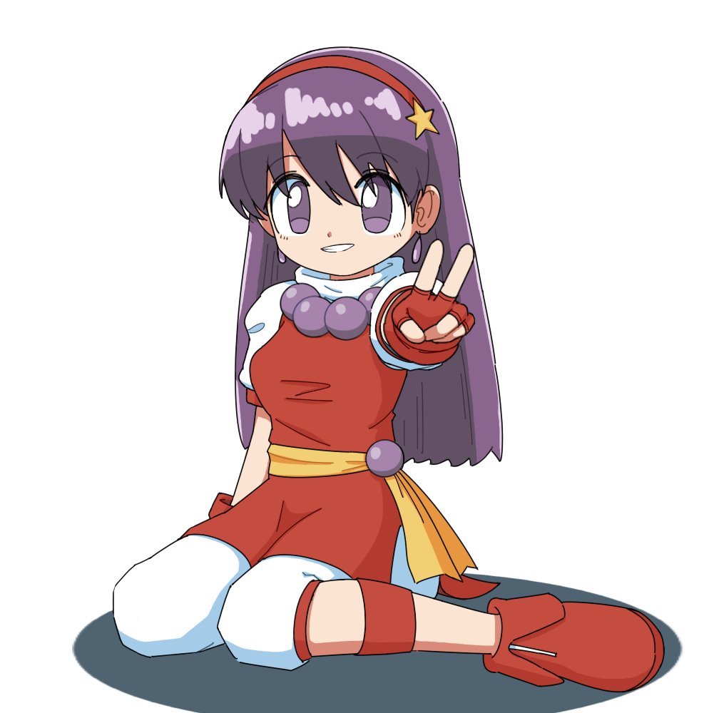 1girl, asamiya_athena, bead_necklace, beads, breasts, cocia_(kosianko), commentary_request, drop_earrings, earrings, fingerless_gloves, gloves, grin, hair_ornament, hairband, headband, jewelry, long_hair, looking_at_viewer, necklace, psycho_soldier, purple_hair, red_footwear, red_gloves, red_hairband, sitting, skirt, smile, star_(symbol), star_hair_ornament, the_king_of_fighters, the_king_of_fighters_'95, v, violet_eyes, wariza, white_background