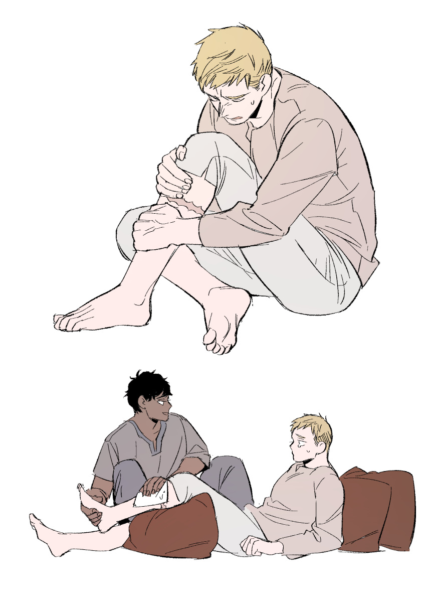 2boys, absurdres, black_hair, blonde_hair, brown_shirt, closed_eyes, commentary_request, daki_info
