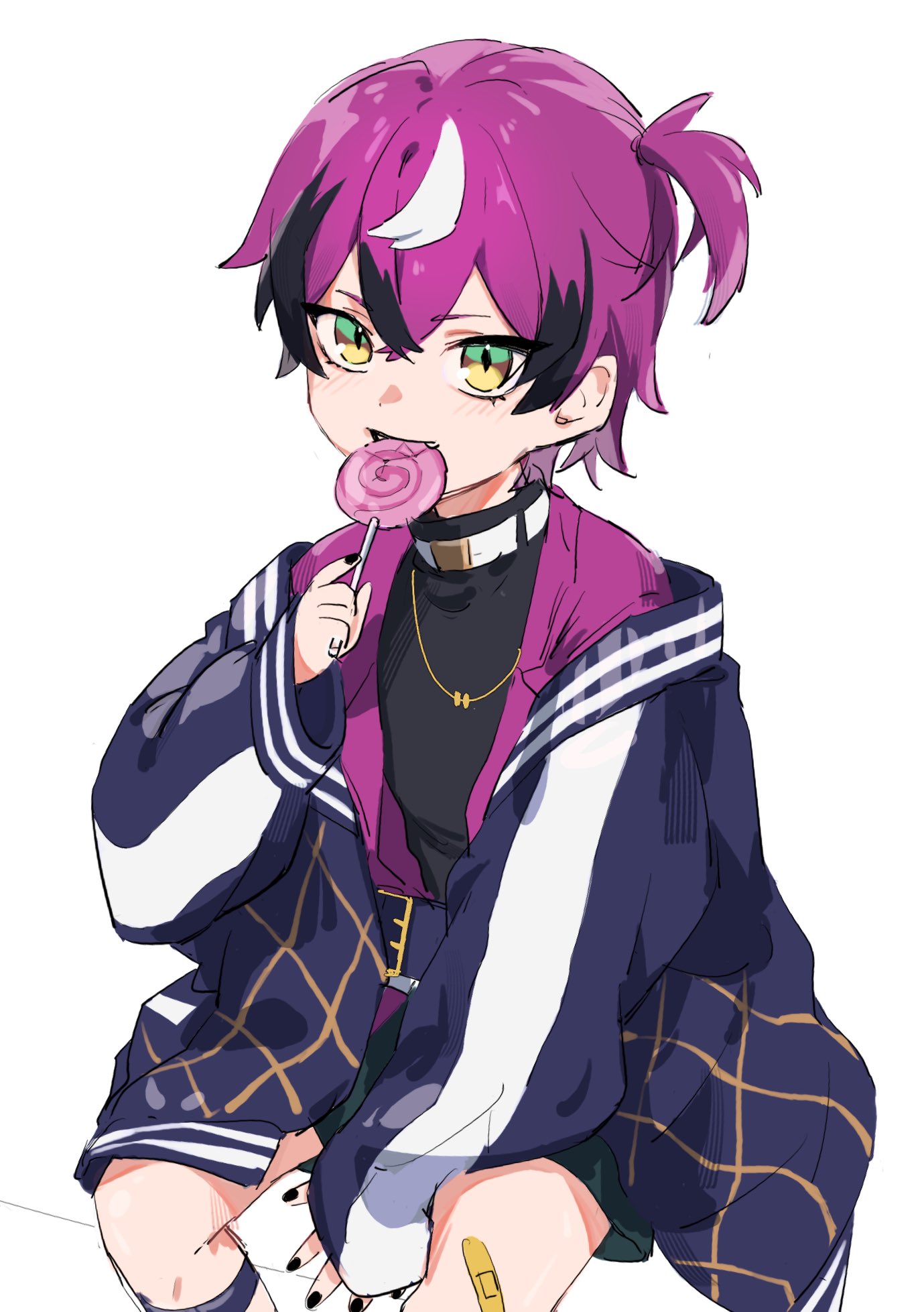 1boy, aged_down, bandaid, bandaid_on_leg, black_hair, black_shirt, brown_eyes, candy, child, commentary, cowboy_shot, doppio_dropscythe, doppio_dropscythe_(1st_costume), food, food_in_mouth, green_eyes, green_shorts, hair_between_eyes, highres, holding, holding_candy, holding_food, holding_lollipop, jacket, jewelry, lollipop, long_sleeves, looking_at_viewer, male_focus, multicolored_eyes, multicolored_hair, necklace, nijisanji, nijisanji_en, purple_hair, sazanaminn, shirt, short_hair, shorts, simple_background, sitting, sleeves_past_wrists, solo, streaked_hair, swirl_lollipop, symbol-only_commentary, virtual_youtuber, white_background, white_hair, yellow_eyes