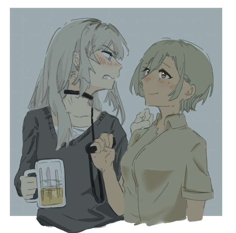 2girls, beer_mug, black_sweater, blush, brown_eyes, brown_hair, brown_shirt, closed_mouth, collar, collared_shirt, cup, drink, enanbender, girls_band_cry, grey_hair, hand_on_another's_shoulder, holding, holding_drink, holding_leash, kawaragi_momoka, leash, long_hair, looking_at_another, mug, multicolored_hair, multiple_girls, roots_(hair), rupa_(girls_band_cry), shirt, smile, sweater, upper_body
