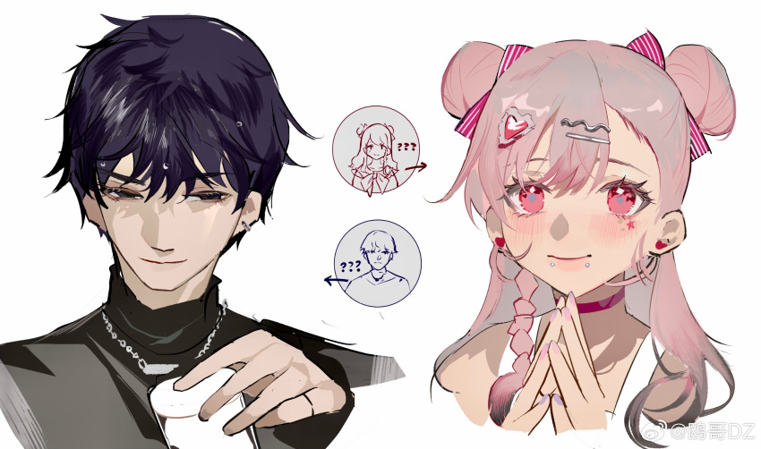 1boy, 1girl, ?, ??, arrow_(symbol), bare_shoulders, black_eyes, black_shirt, bow, bow_in_eye, braid, brown_hair, can, chain, chain_necklace, chinese_commentary, choker, closed_mouth, colored_tips, commentary_request, cropped_torso, diamond-shaped_pupils, diamond_(shape), double_bun, empty_eyes, eyelashes, hair_bow, hair_bun, hair_ornament, hairclip, half-closed_eyes, happy, heart, heart_hair_ornament, heart_in_eye, highres, holding, holding_can, jewelry, light_blush, lip_piercing, lipstick, long_hair, looking_at_viewer, makeup, marking_on_cheek, mascara, multicolored_hair, multicolored_nails, multiple_piercings, nail_polish, necklace, original, ouge_dz, own_hands_together, piercing, pink_bow, pink_choker, pink_eyes, pink_hair, pink_lips, pink_nails, purple_hair, purple_nails, purple_pupils, shirt, simple_background, single_braid, smile, square_neckline, star_on_cheek, striped_bow, symbol-shaped_pupils, symbol_in_eye, tank_top, turtleneck, turtleneck_shirt, weibo_watermark, white_background, white_tank_top