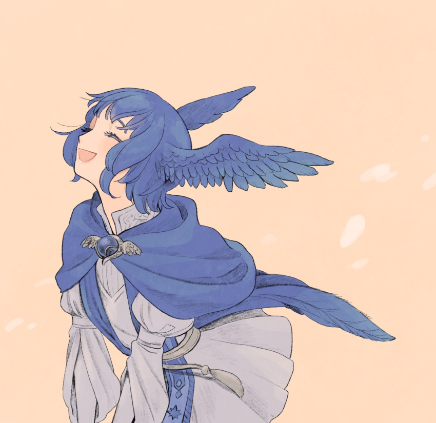 1girl, ^_^, bird_girl, bird_tail, bird_wings, blue_capelet, blue_gemstone, blue_hair, brooch, capelet, closed_eyes, collared_dress, commentary_request, cowboy_shot, dress, final_fantasy, final_fantasy_xiv, from_side, gem, head_wings, jewelry, juliet_sleeves, leaning_forward, long_sleeves, meteion, open_mouth, pk_yumyou, puffy_sleeves, short_hair, simple_background, smile, solo, tail, white_dress, wings, yellow_background