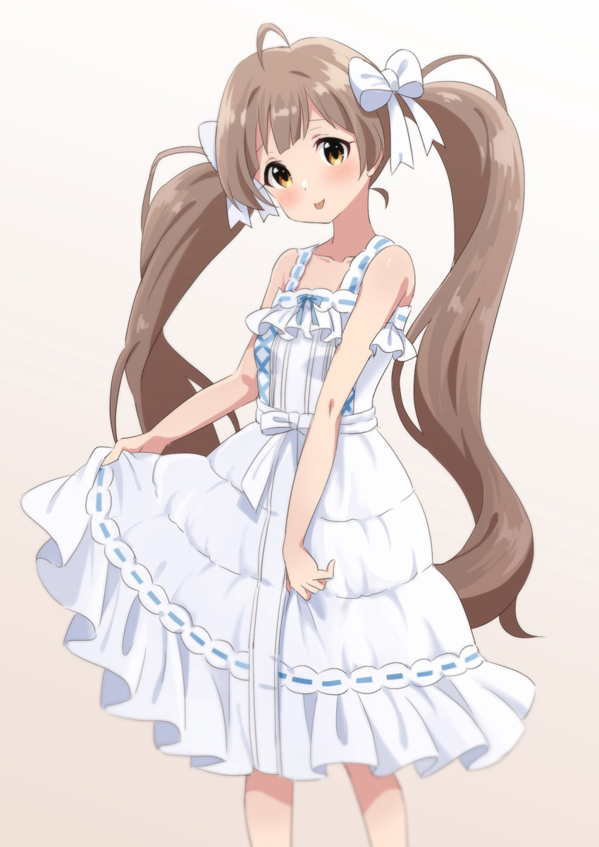 1girl, :p, ahoge, bare_arms, bare_shoulders, blue_bow, blue_ribbon, blurry, blush, bow, breasts, brown_hair, closed_mouth, collarbone, commentary_request, cross-laced_clothes, cross-laced_dress, depth_of_field, dot_nose, dress, feet_out_of_frame, frilled_dress, frills, goma_konbu, gradient_background, grey_background, hair_bow, hakozaki_serika, head_tilt, highres, idolmaster, idolmaster_million_live!, lone_nape_hair, long_hair, looking_at_viewer, looking_to_the_side, orange_eyes, pure_onepiece_(idolmaster), raised_eyebrows, ribbon, skirt_hold, sleeveless, sleeveless_dress, small_breasts, solo, standing, swept_bangs, three_quarter_view, tongue, tongue_out, twintails, very_long_hair, white_background, white_bow, white_dress