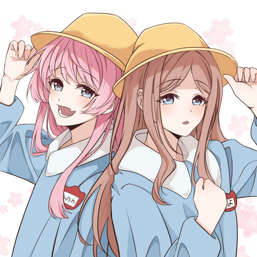 2girls, adjusting_clothes, adjusting_headwear, bang_dream!, bang_dream!_it's_mygo!!!!!, blue_eyes, blue_shirt, brown_hair