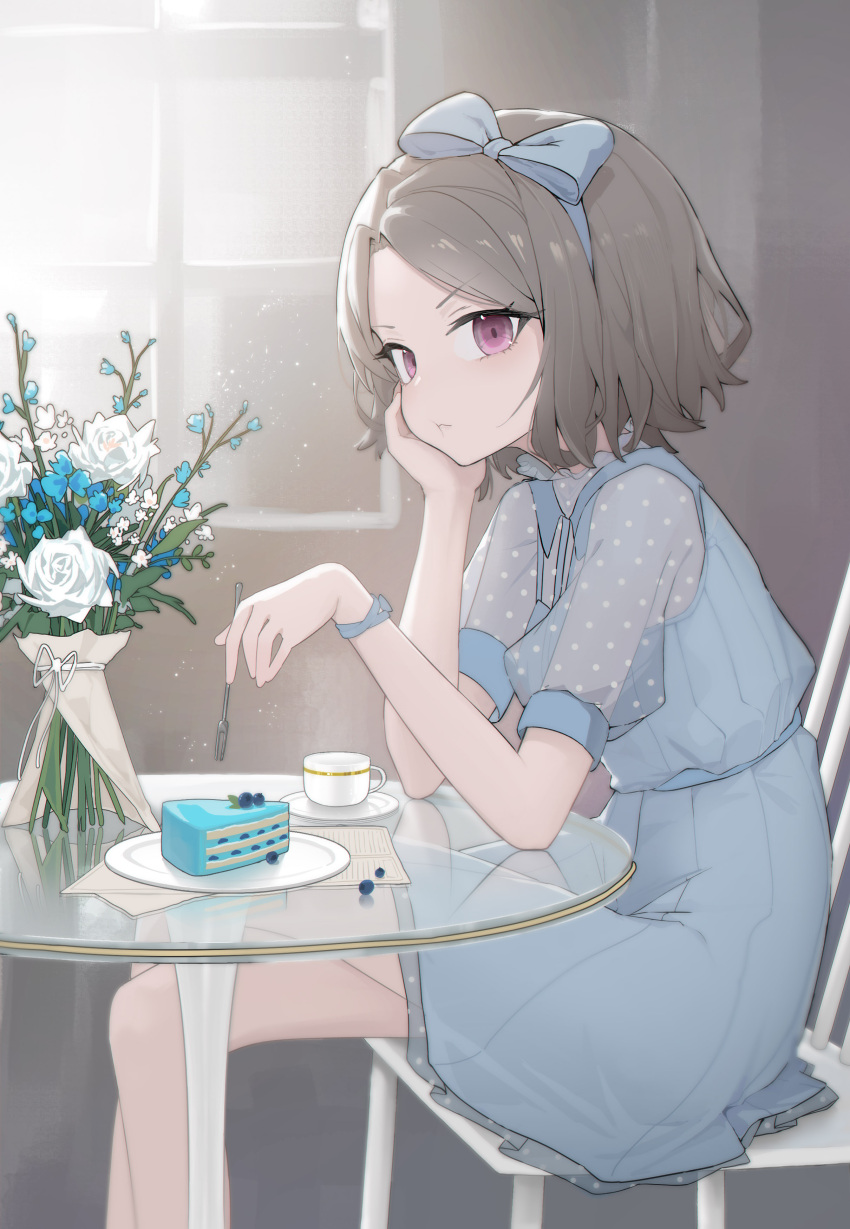 1girl, absurdres, blue_bow, blue_dress, blue_hairband, blueberry, bouquet, bow