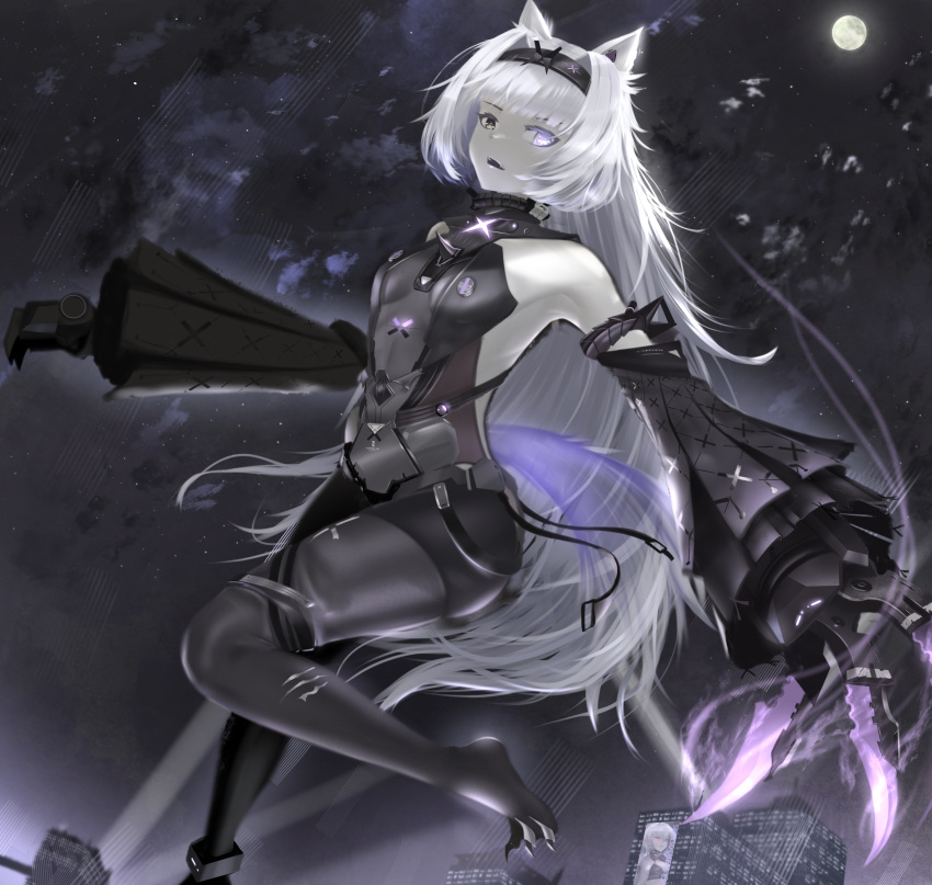 1girl, absurdres, animal_ears, armlet, backless_bodysuit, black_bodysuit, black_hairband, bodysuit, breasts, city, claw_(weapon), detached_sleeves, english_commentary, full_moon, grey_eyes, grey_hair, hair_intakes, hairband, heterochromia, highres, long_hair, long_sleeves, mechanical_ears, mechanical_hands, moon, no.21:_feral_scent_(punishing:_gray_raven), no.21_(punishing:_gray_raven), punishing:_gray_raven, saif_artz, sidelocks, sleeveless, sleeveless_bodysuit, small_breasts, solo, tail, very_long_hair, weapon, wolf_ears, wolf_tail