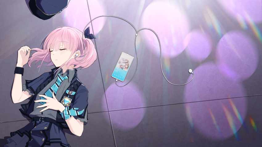 1girl, ai_(girls_band_cry), black_ribbon, blue_necktie, blue_ribbon, blue_skirt, chinese_commentary, closed_eyes, commentary_request, diamond_dust_(girls_band_cry), earphones, earphones, from_above, hair_ribbon, highres, hina_(girls_band_cry), kawaragi_momoka, lens_flare, lying, nana_(girls_band_cry), necktie, on_back, parted_lips, pink_hair, ribbon, rin_(girls_band_cry), short_sleeves, skirt, sleeping, solo, unworn_headwear, wrist_ribbon, yun_cao_bing