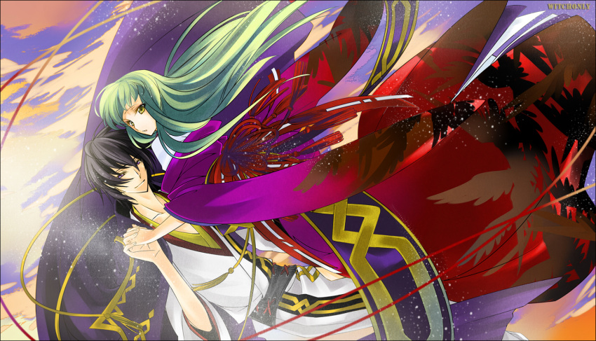 black_hair, cape, cc, clouds, code_geass, green_hair, lelouch_lamperouge, long_hair