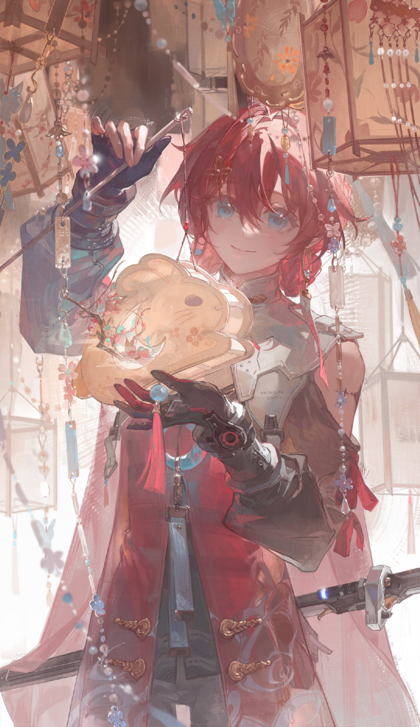 1girl, animal_lantern, asymmetrical_gloves, blue_eyes, body_markings, braid, braided_bun, butterfly_ornament, cangran_ranyue, clothing_cutout, cowboy_shot, crescent, crescent_earrings, danjin_(wuthering_waves), double-parted_bangs, earrings, gloves, hair_between_eyes, hair_bun, hair_intakes, hanging_lantern, highres, holding, holding_lantern, hoop_earrings, jade_(gemstone), jewelry, lantern, light_blush, long_sleeves, looking_at_viewer, mismatched_gloves, ofuda_earrings, paper_lantern, partially_fingerless_gloves, print_tabard, puffy_sleeves, red_tabard, red_tassel, redhead, see-through_tabard, short_hair, shoulder_boards, shoulder_cutout, smile, solo, straight-on, sword, tabard, tacet_mark_(wuthering_waves), too_many_lanterns, wave_print, weapon, weapon_behind_back, wuthering_waves