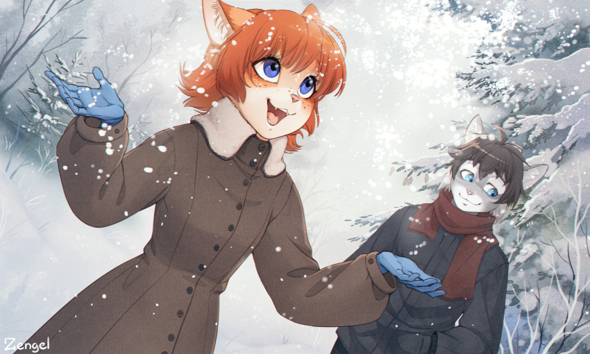 1boy, 1girl, animal_ears, animal_nose, artist_name, black_hair, blue_eyes, blue_gloves, body_fur, breasts, cat_boy, cat_ears, cat_girl, english_commentary, fangs, freckles, furry, furry_female, furry_male, gloves, hands_in_pockets, highres, iskra, looking_down, looking_to_the_side, looking_up, mixed-language_commentary, orange_hair, paid_reward_available, red_scarf, russian_commentary, scarf, short_hair, small_breasts, smile, snowing
