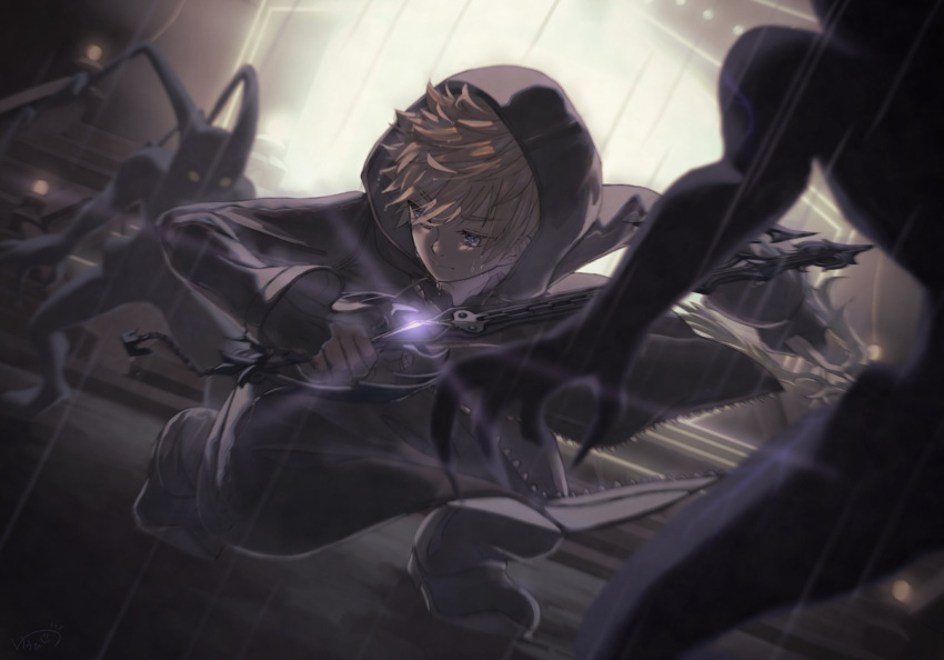 1boy, backlighting, battle, black_coat, black_coat_(kingdom_hearts), black_footwear, black_pants, blonde_hair