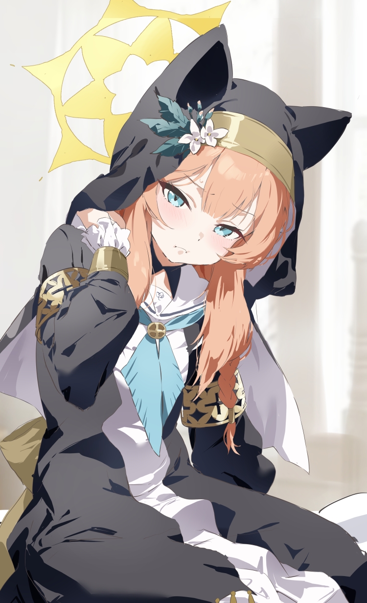 1girl, animal_ear_headwear, black_hat, blue_archive, blue_eyes, blue_neckerchief, blush, closed_mouth