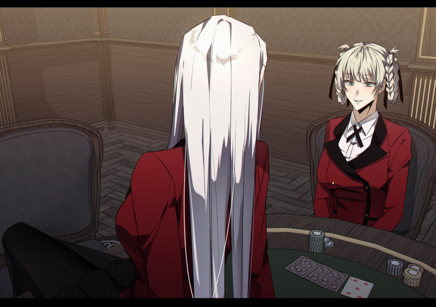 2girls, absurdres, braid, breasts, card, chair, dansokang, five_of_diamonds