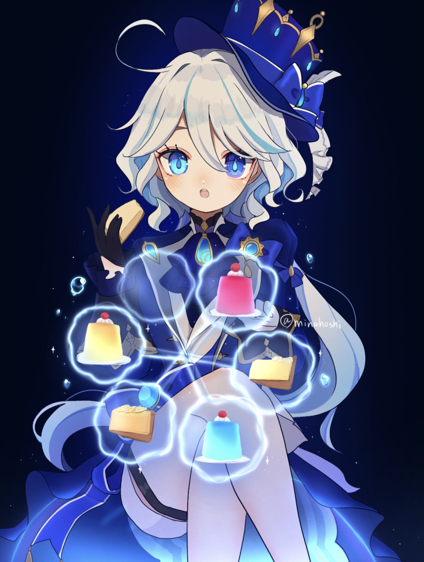 1girl, ahoge, blue_eyes, blue_hair, blush, crossed_legs, food, furina_(genshin_impact)