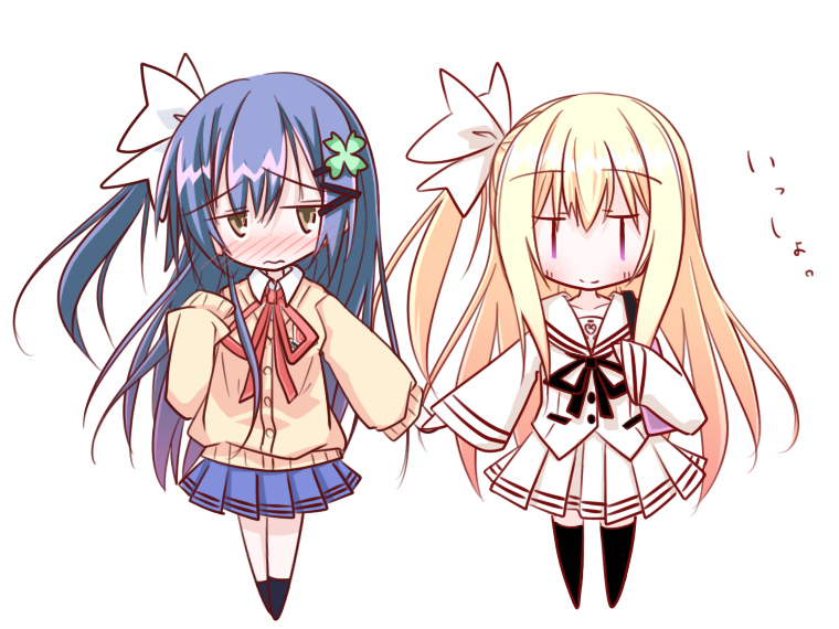 2girls, blonde_hair, blue_skirt, blush, cardigan, chibi, collared_shirt, date_a_live, gekijouban_date_a_live:_mayuri_judgement, genderswap, genderswap_(mtf), hair_ornament, hairpin, holding_hands, itsuka_shidou, itsuka_shiori, kani_zousui_(kanijiru), long_hair, mayuri_(date_a_live), multiple_girls, one_side_up, pleated_skirt, raizen_high_school_uniform, ribbon, school_uniform, serafuku, shirt, side_ponytail, skirt, smile, white_serafuku, white_skirt