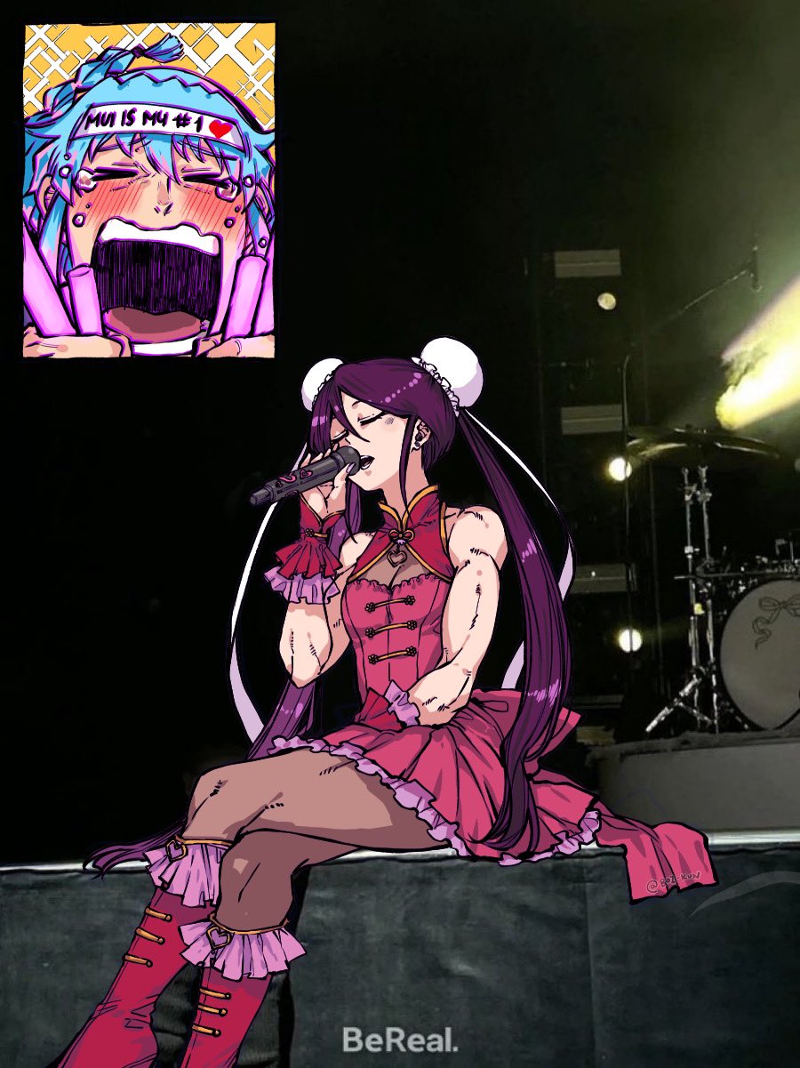 1boy, 1girl, bare_shoulders, blue_hair, blush, double_bun, hair_bun, highres, holding, holding_microphone, jujutsu_kaisen, meme, microphone, muscular, music, non-web_source, red_footwear, rusky, singing, sitting, twintails, yuzuha_lee