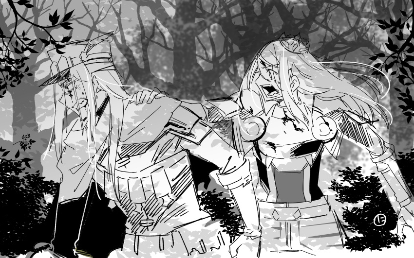1boy, 1girl, absurdres, armor, bare_tree, blood, blood_on_face, breastplate