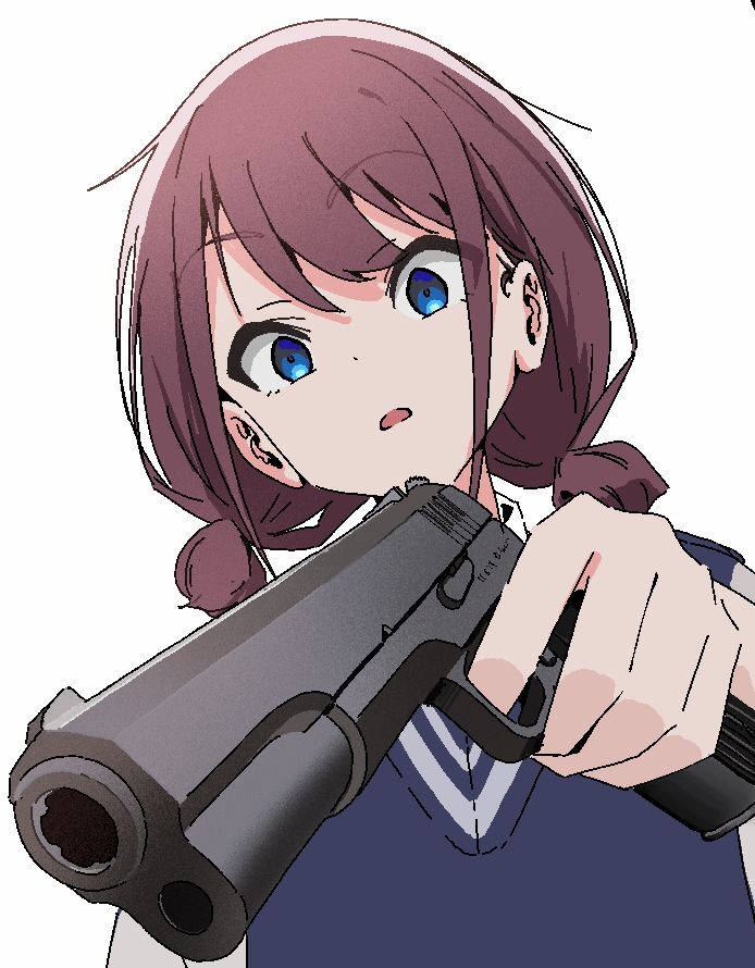 1girl, blue_eyes, blue_sweater_vest, blush, brown_hair, commentary_request, finger_on_trigger, girls_band_cry, gujin_(tp_acid), gun, handgun, holding, holding_gun, holding_weapon, iseri_nina, looking_at_viewer, low_twintails, open_mouth, short_hair, short_twintails, solo, sweater_vest, tokarev_tt-33, twintails, weapon
