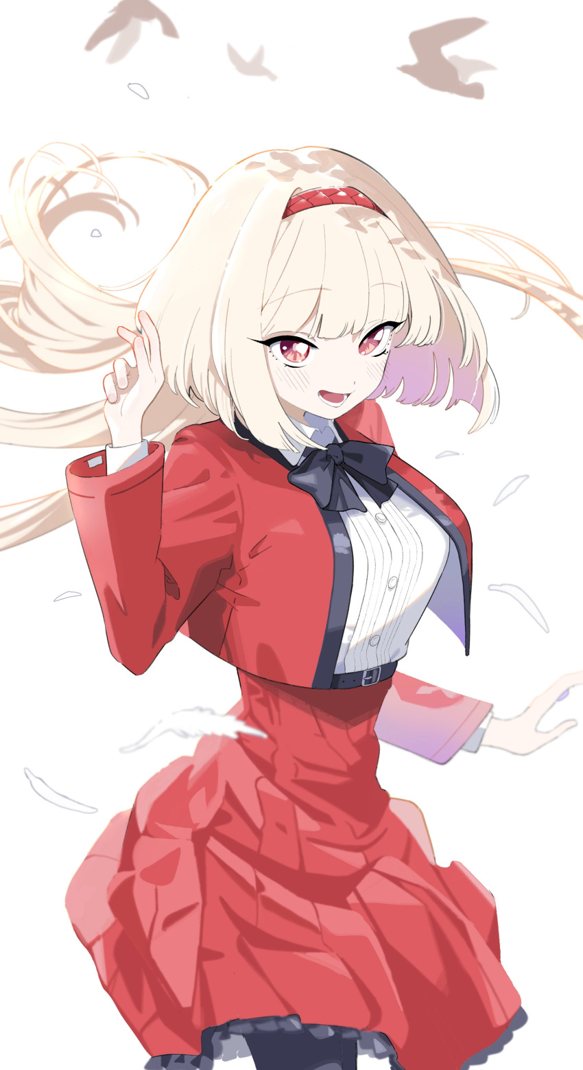 1girl, absurdres, belt, black_belt, black_pantyhose, black_ribbon, blonde_hair, blunt_bangs