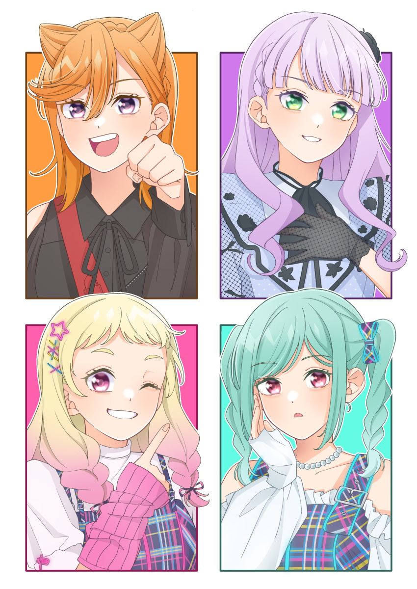 4girls, absurdres, arm_warmers, ascot, bead_necklace, beads, black_ascot, black_dress, black_ribbon, blonde_hair, blue_dress, blunt_bangs, clenched_hand, collarbone, collared_dress, commentary_request, cone_hair_bun, distortion_(love_live!), dress, gloves, gradient_hair, green_eyes, green_hair, hair_between_eyes, hair_bun, hair_ornament, highres, jellyfish_(love_live!), jewelry, lace, lace_gloves, long_hair, long_sleeves, looking_at_viewer, love_live!, love_live!_superstar!!, medium_hair, multicolored_clothes, multicolored_hair, multiple_girls, neck_ribbon, necklace, neutral_(love_live!), one_eye_closed, onitsuka_natsumi, onitsuka_tomari, open_mouth, orange_hair, parted_lips, pink_hair, purple_hair, red_eyes, ribbon, shibuya_kanon, siblings, sidelocks, sisters, smile, star_(symbol), star_hair_ornament, twintails, violet_eyes, wabe417, wavy_hair, wien_margarete