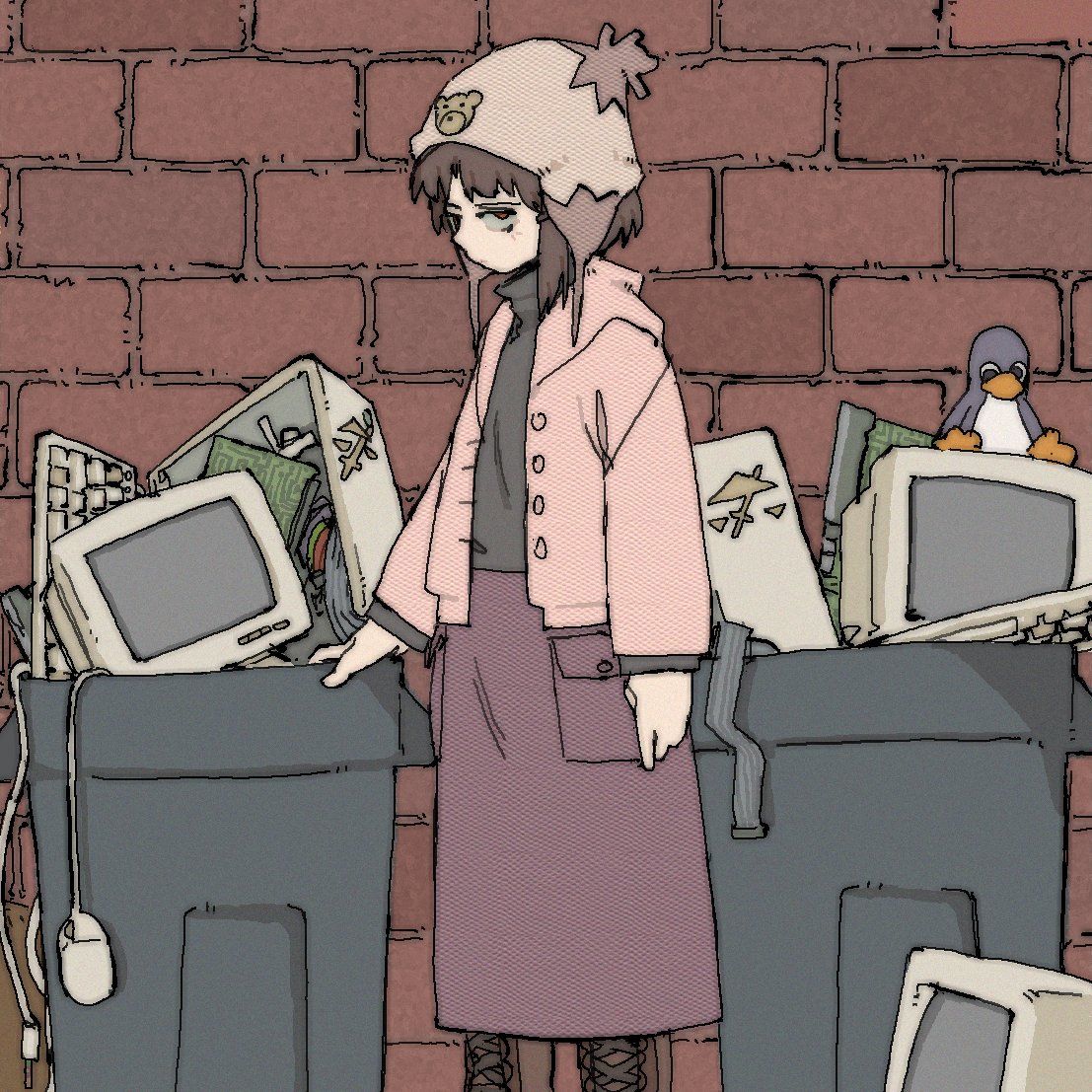1girl, asymmetrical_hair, boots, brick_wall, brown_eyes, brown_hair, computer, cross-laced_footwear, hat, iwakura_lain, jacket, lace-up_boots, linux, long_skirt, long_sleeves, mouse_(computer), pantsu-ripper, serial_experiments_lain, short_hair, skirt, solo, trash, trash_can, tux