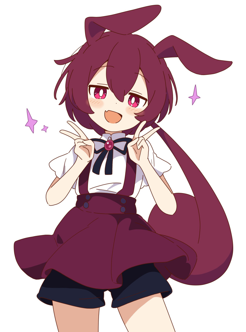 1girl, absurdres, animal_ears, ankomon, blush, brooch, double_v, fang