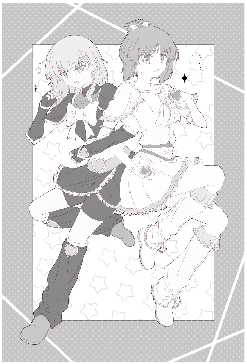 2girls, absurdres, arm_warmers, bike_shorts, bike_shorts_under_skirt, blue_bow, blush, bow, cosplay, cure_black, cure_black_(cosplay), cure_white, cure_white_(cosplay), dress, earrings, fingerless_gloves, futari_wa_precure, girls_und_panzer, gloves, greyscale, heart, heart_belt, heart_earrings, highres, itsumi_erika, jewelry, leg_warmers, locked_arms, magical_girl, miniskirt, monochrome, multiple_girls, nekounko, nishizumi_miho, patterned_background, precure, skirt, star_(symbol)