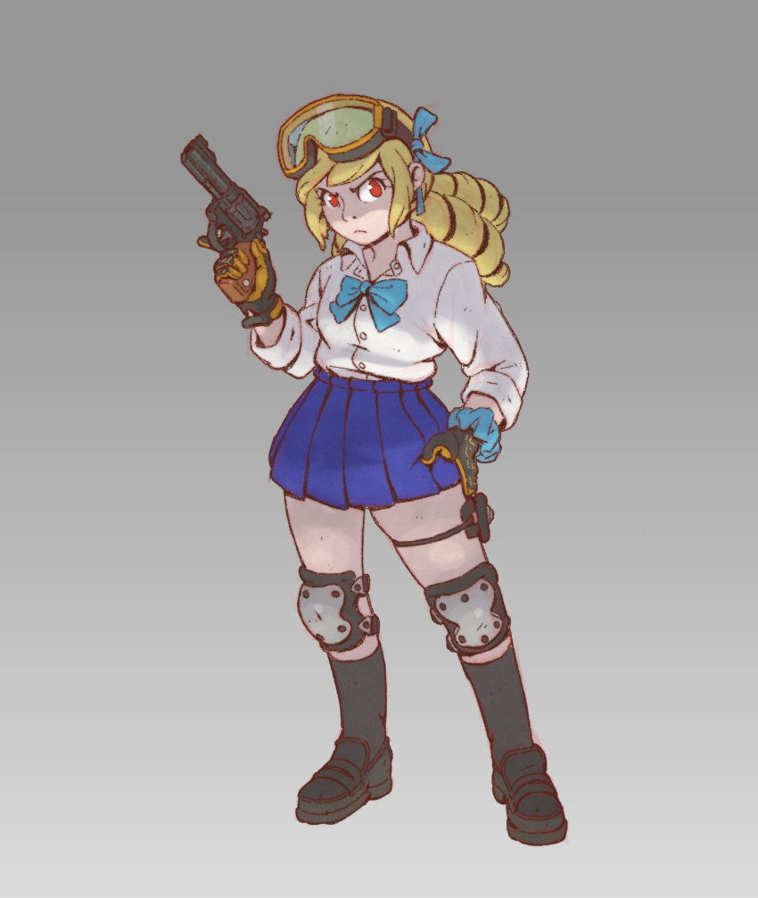 1girl, blonde_hair, blue_bow, blue_bowtie, bow, bowtie, commentary_request, drill_hair
