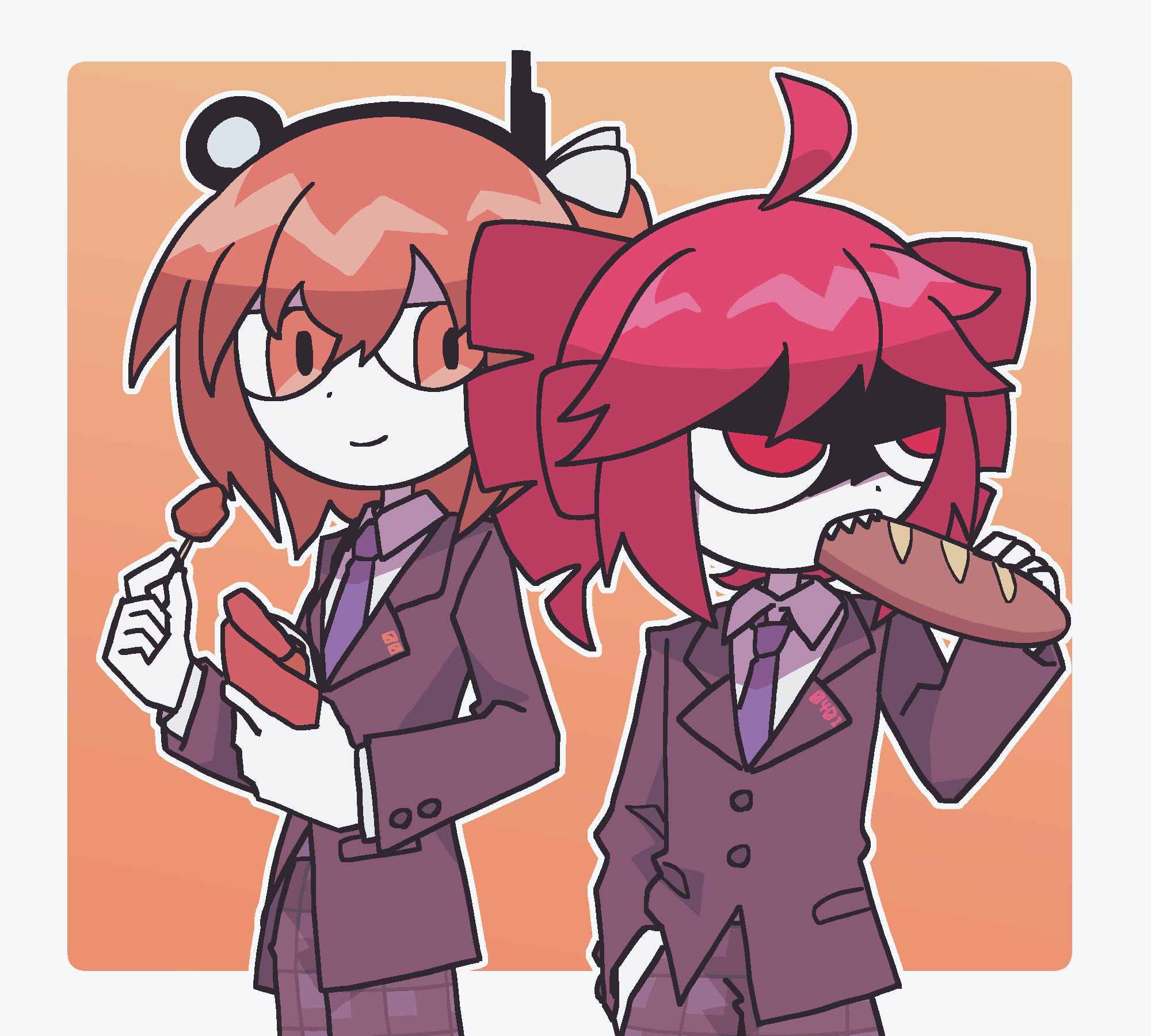 2girls, 9chrono0, adachi_rei, ahoge, baguette, bread, chicken_(food), drill_hair