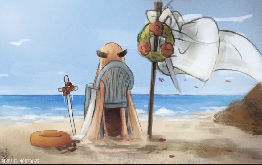 1girl, absurdres, arknights, beach, blonde_hair, commentary_request, deck_chair, devil_may_cry_(series)