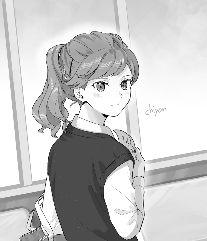 1girl, bag, chon_chiyon, closed_mouth, collared_shirt, eyelashes, greyscale, holding