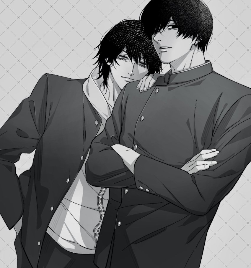 2boys, black_eyes, black_hair, black_jacket, black_pants, chainsaw_man, closed_mouth, fourth_east_high_school_uniform