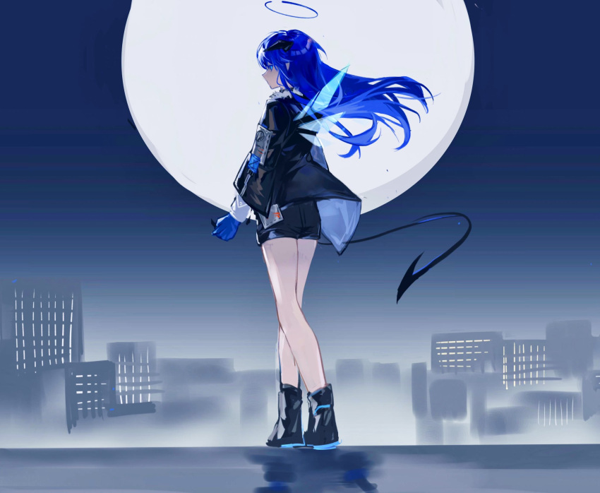 1girl, arknights, black_footwear, black_horns, black_jacket, black_shorts, blue_eyes, blue_gloves, blue_hair, blue_halo, blue_wings, cityscape, commentary, demon_girl, demon_horns, demon_tail, energy_wings, forward_facing_horns, from_behind, full_body, full_moon, gloves, halo, highres, horns, jacket, lin_qing_(phosphorus_1104), moon, mostima_(arknights), night, night_sky, outdoors, shorts, sky, solo, standing, tail, wings