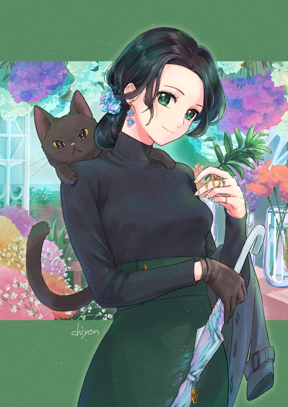 1girl, animal_on_shoulder, black_cat, black_hair, black_sweater, brown_gloves, cat, cat_on_shoulder