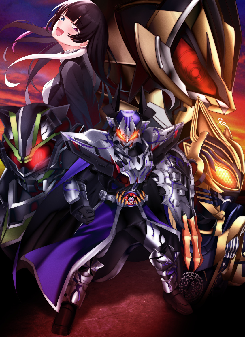 2girls, 3boys, absurdres, animal_ears, armor, beroba_(kamen_rider_geats), black_armor, black_bodysuit