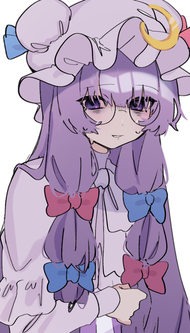 1girl, bespectacled, blue_bow, blue_ribbon, blush, bow, capelet, commentary
