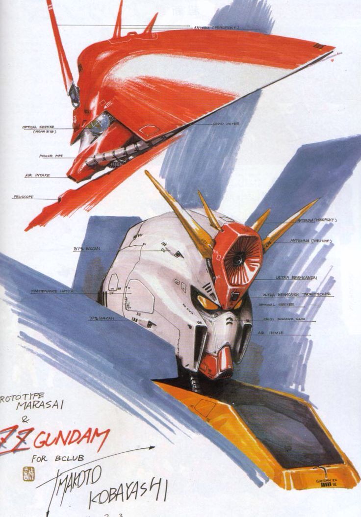 1980s_(style), beam_cannon, cable, english_text, gundam, gundam_zz, kobayashi_makoto_(illustrator), machinery